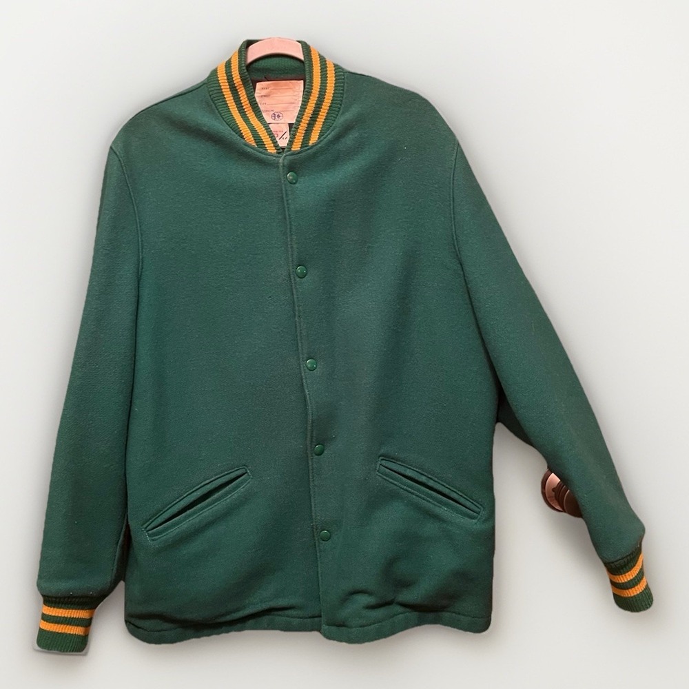 VTG DeLONG Blank Green Wool Varsity Jacket Mens XL Letterman USA